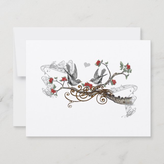 Red & Gray Vintage Love Birds Wedding RSVP (Front)