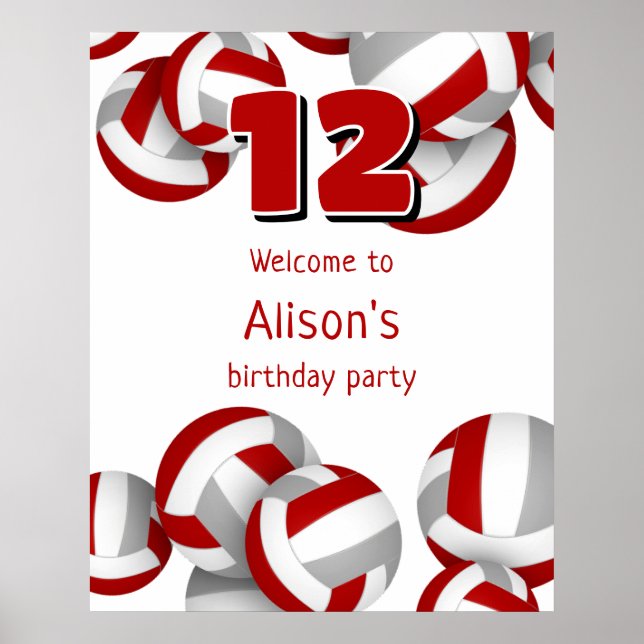 red gray volleyballs kids birthday party welcome poster (Front)