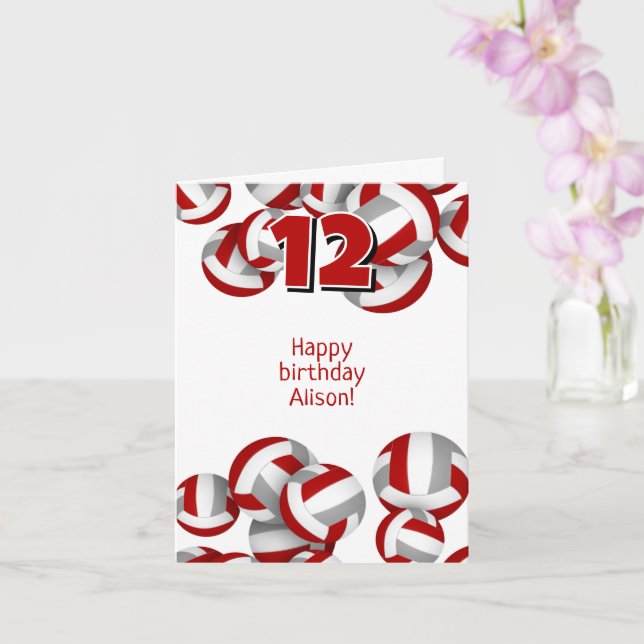 red gray volleyballs kids sports happy birthday card (Orchid)