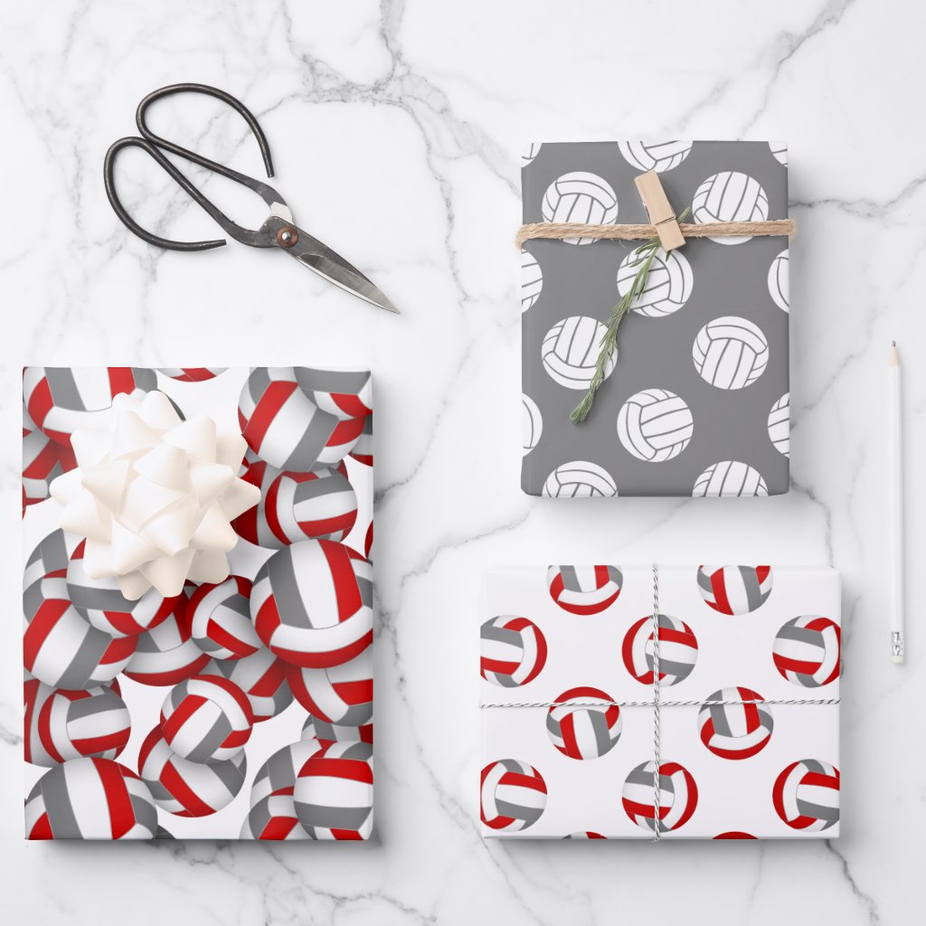 red gray volleyballs team celebration birthday wrapping paper sheets