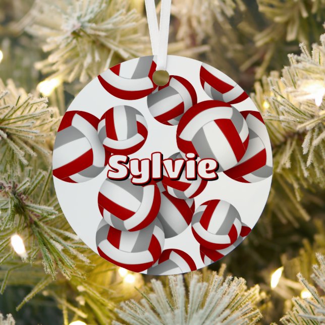 red gray volleyballs w athlete name keepsake metal ornament (Insitu)