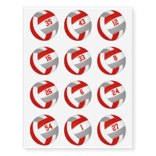 red gray volleyballs w jersey numbers set of 12 temporary tattoos