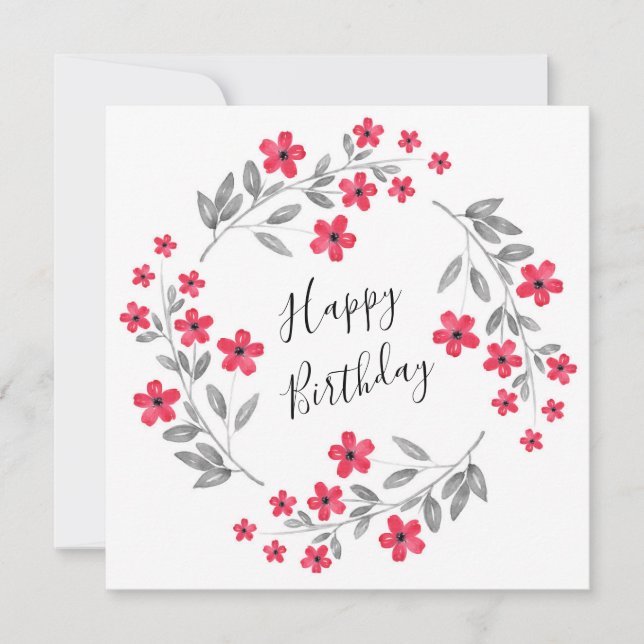 Red Gray Watercolor Floral Wreath Card (Front)