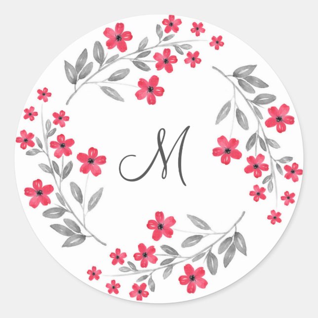 Red Gray Watercolor Floral Wreath Classic Round Sticker (Front)