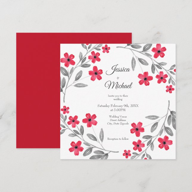Red Gray Watercolor Floral Wreath Invitation (Front/Back)