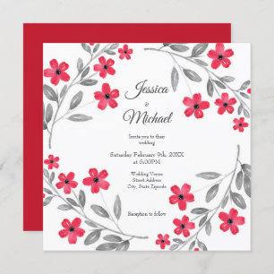 Red Gray Watercolor Floral Wreath Invitation