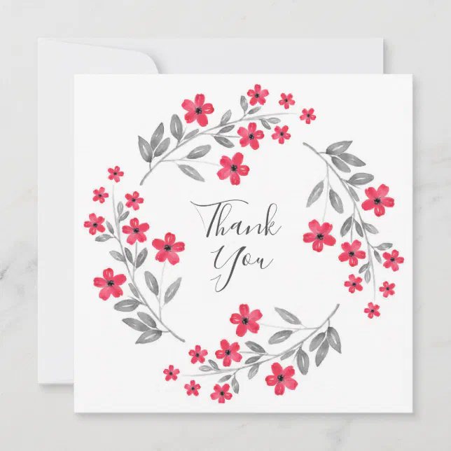 Red Gray Watercolor Floral Wreath Thank You Card | Zazzle