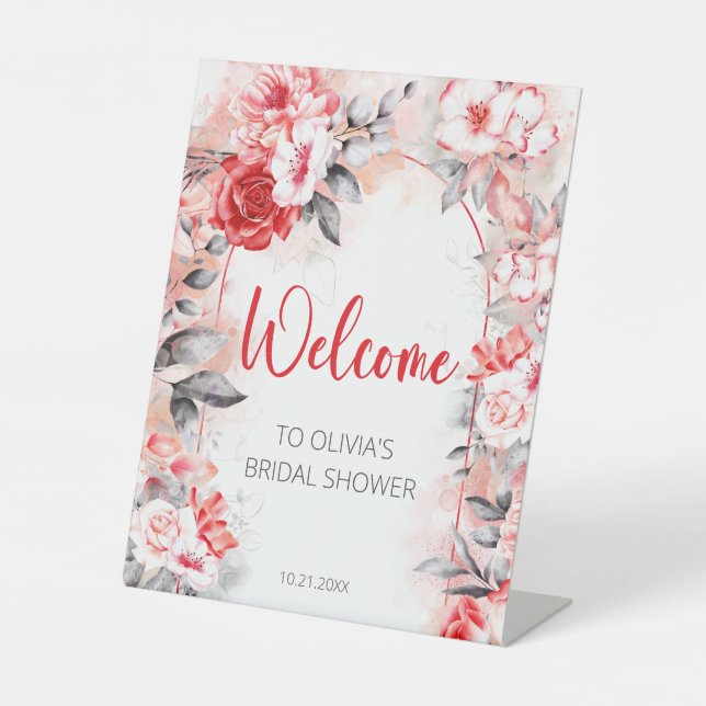 Red Gray Watercolor Flowers Bridal Shower Welcome Pedestal Sign (Front)