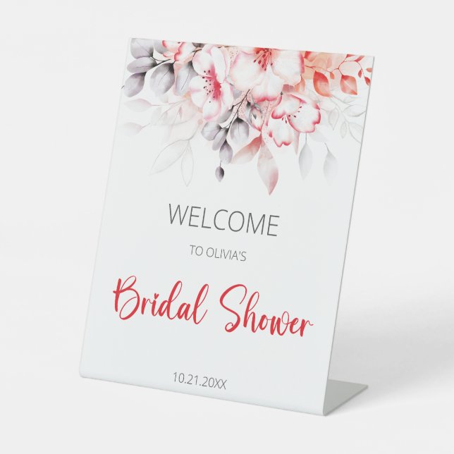 Red Gray Watercolor Flowers Bridal Shower Welcome Pedestal Sign (Front)