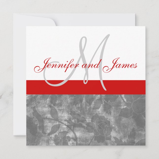 Red Gray Wedding Invitation Monogram Names Floral (Front)