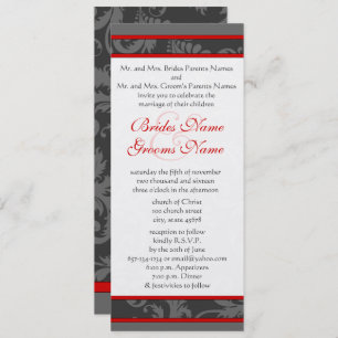 Red Gray White 9x4 Damask Swirl Wedding Invite