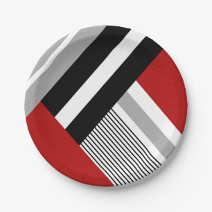 Red, gray, white and black geometric shapes paper plates