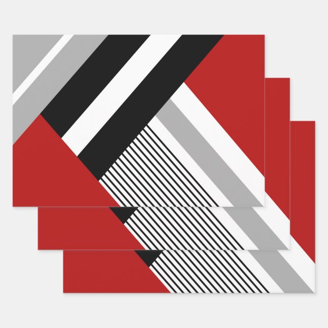 Red, gray, white and black geometric shapes wrapping paper sheets (Set)
