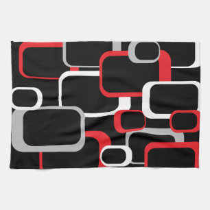 Red Gray White Black Retro Squares Pattern Kitchen Towel