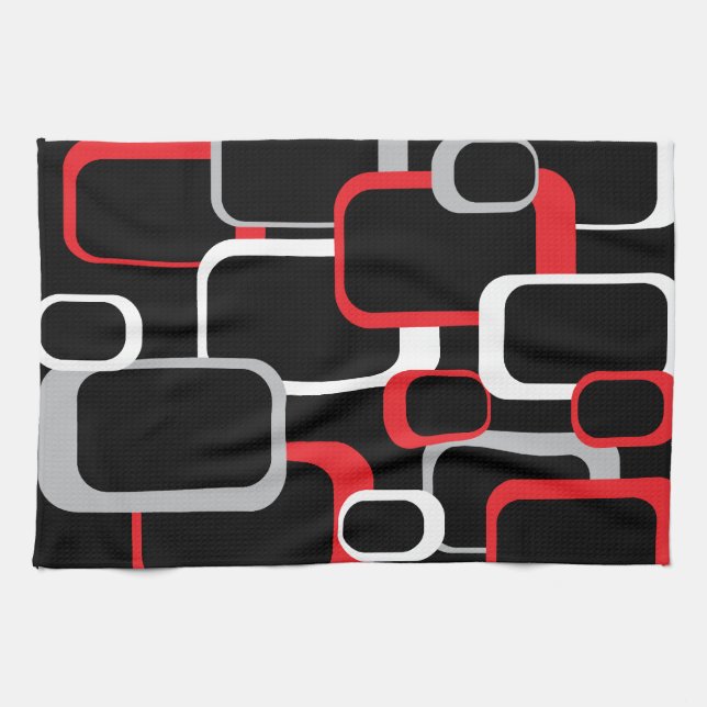 Red Gray White Black Retro Squares Pattern Kitchen Towel (Horizontal)