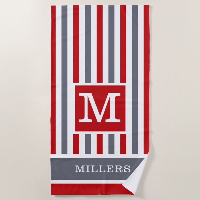 Red Gray White Cabana Stripe Family Name Monogram Beach Towel (Front)
