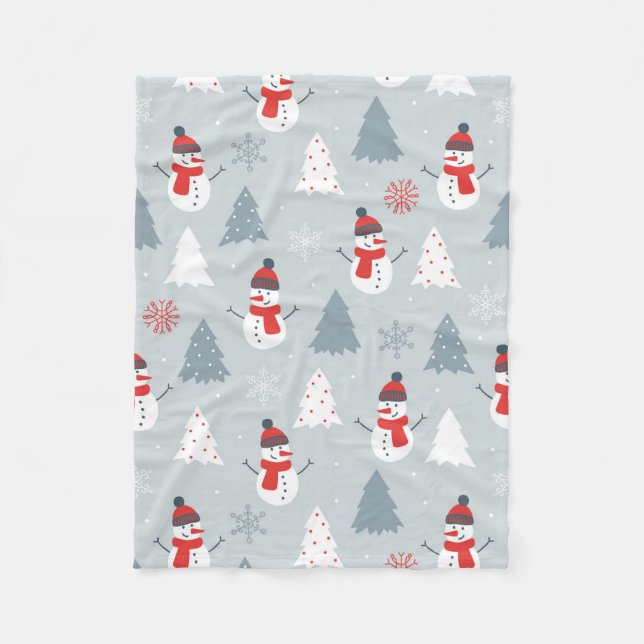 Red Gray & White Christmas Snowman Pattern Fleece Blanket (Front)