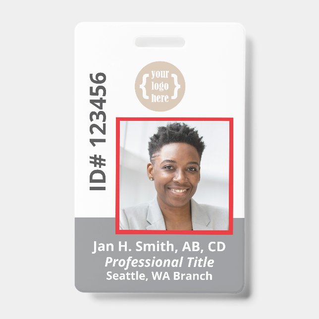 Red Gray White Employee Photo ID Card Badge (Front)