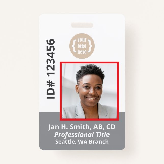 Red Gray White Employee Photo ID Card Badge (Front)