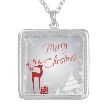 Red Gray White Merry Christmas Snowflake Necklace by NiteOwlStudio at Zazzle