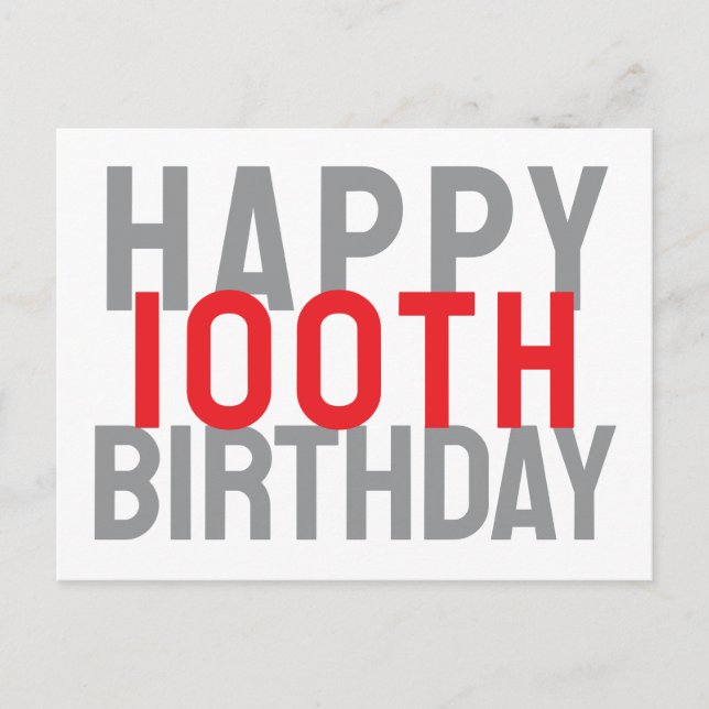 Red Gray White Modern Bold Happy 100th Birthday Postcard (Front)