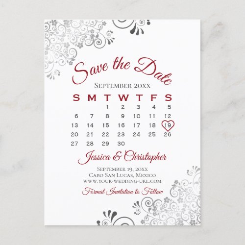 Red Gray  White Wedding Save the Date Calendar Announcement Postcard