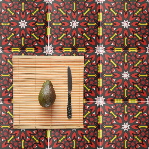 Red Gray Yellow Folk Art Ethnic Geometric Pattern Ceramic Tile