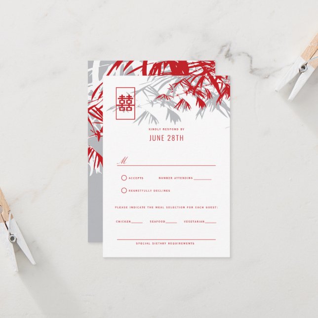 Red & Gray Zen Bamboo Leaves Chinese Wedding RSVPd Invitation (Front/Back In Situ)