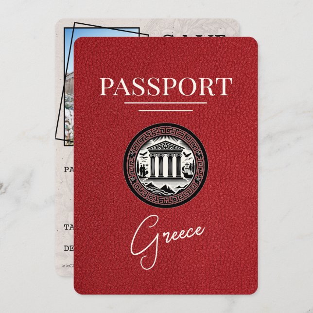Red Greece Passport Save the Date Card (Front/Back)