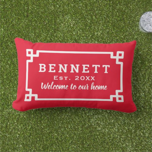 Red Greek Key Custom Monogram Welcome Lumbar Pillow