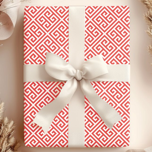 Red Greek Key Maze Wrapping Paper (Creator Uploaded)