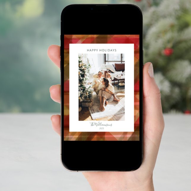 Red Green Abstract Plaid Rustic Photo Christmas   Holiday Card (Front Digital)