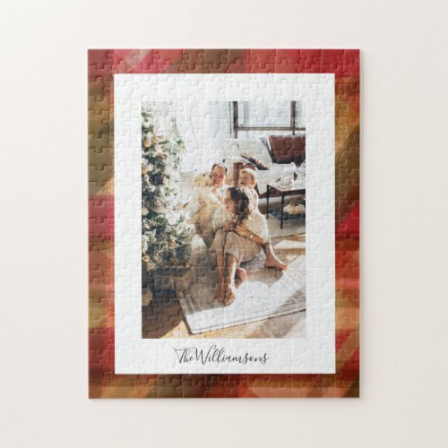 Red Green Abstract Plaid Rustic Photo Christmas Jigsaw Puzzle