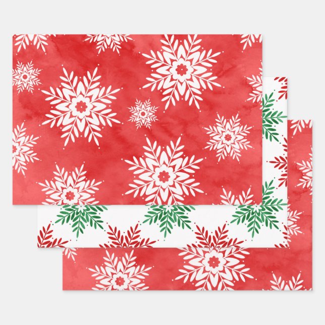 Red, Green Abstract Watercolor Snowflakes   Wrapping Paper Sheets (Set)