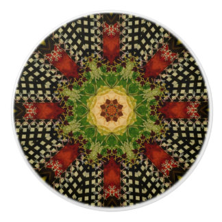 Red, Green, and Black Victorian Quilt Inspired Ceramic Knob