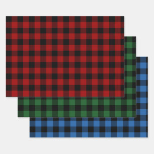 Red, Green, and Blue Buffalo Plaid Holiday Wrapping Paper Sheets