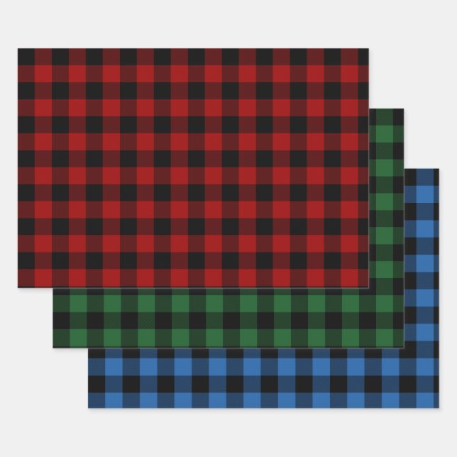 Red, Green, and Blue Buffalo Plaid Holiday Wrapping Paper Sheets (Set)