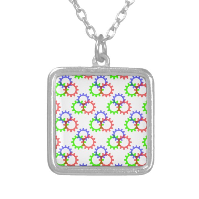 Red, Green and Blue Gears Silver Plated Necklace (Front)