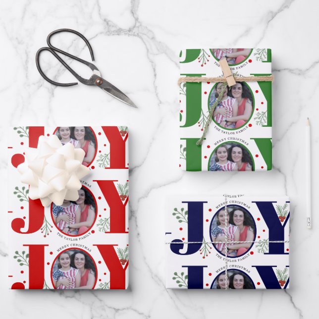 Red, green and blue Joy Christmas holiday photo Wrapping Paper Sheets (Front)