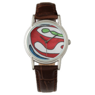 Red green and blue organic shapes on white watch