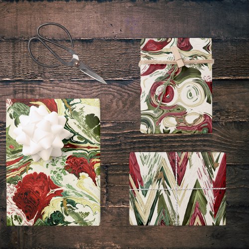 Red Green and Cream Artsy Swirls Wrapping Paper Sheets