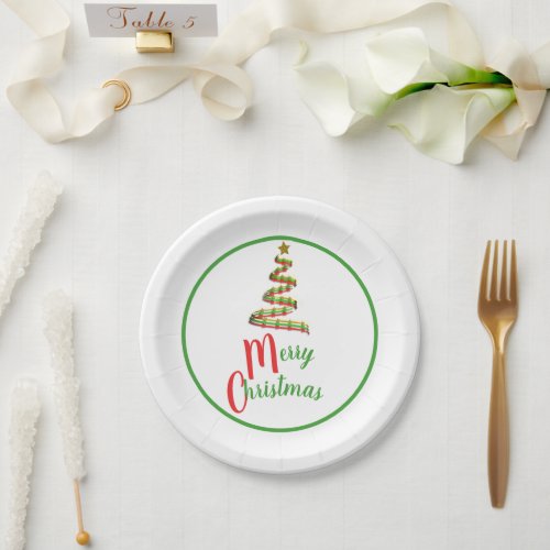 Red Green and Gold Art Merry Christmas Tree Paper Plates