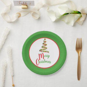 Red, Green, and Gold Art Merry Christmas Tree Paper Plates