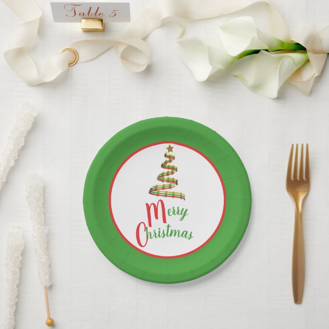 Red, Green, and Gold Art Merry Christmas Tree Paper Plates (Wedding)