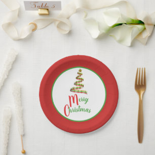 Red, Green, and Gold Art Merry Christmas Tree Paper Plates