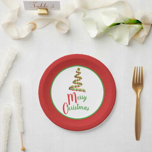 Red, Green, and Gold Art Merry Christmas Tree Paper Plates (Wedding)
