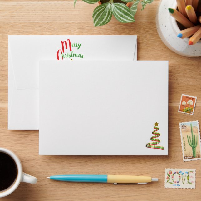 Red, Green, and Gold Artsy Merry Christmas Tree Envelope (Desk)