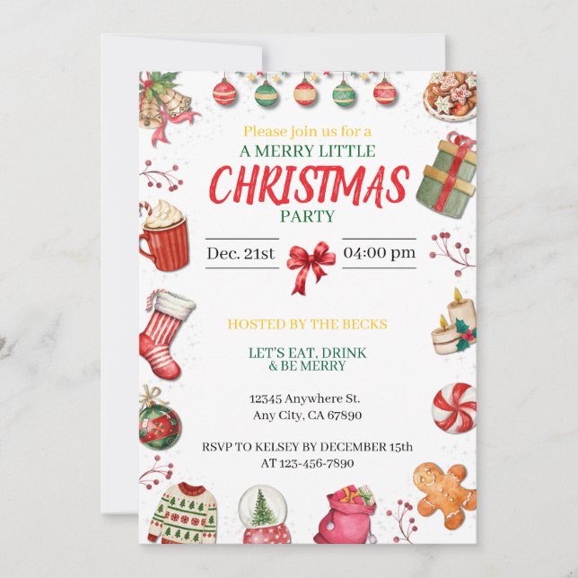 Red, Green and Gold Christmas Invitation (Front)