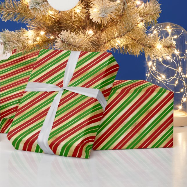 Red, Green and Gold Christmas Stripes Wrapping Paper (Holidays)