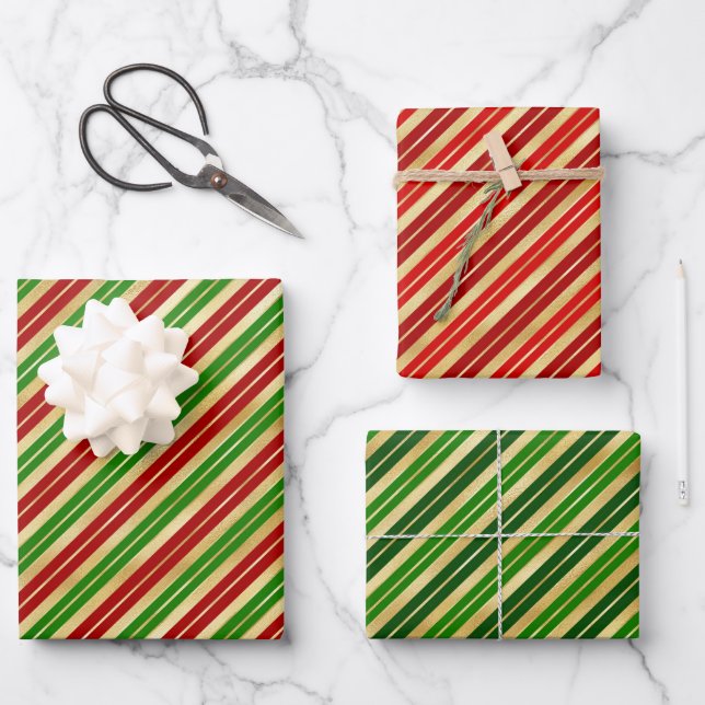 Red, Green and Gold Christmas Stripes Wrapping Paper Sheets (Front)